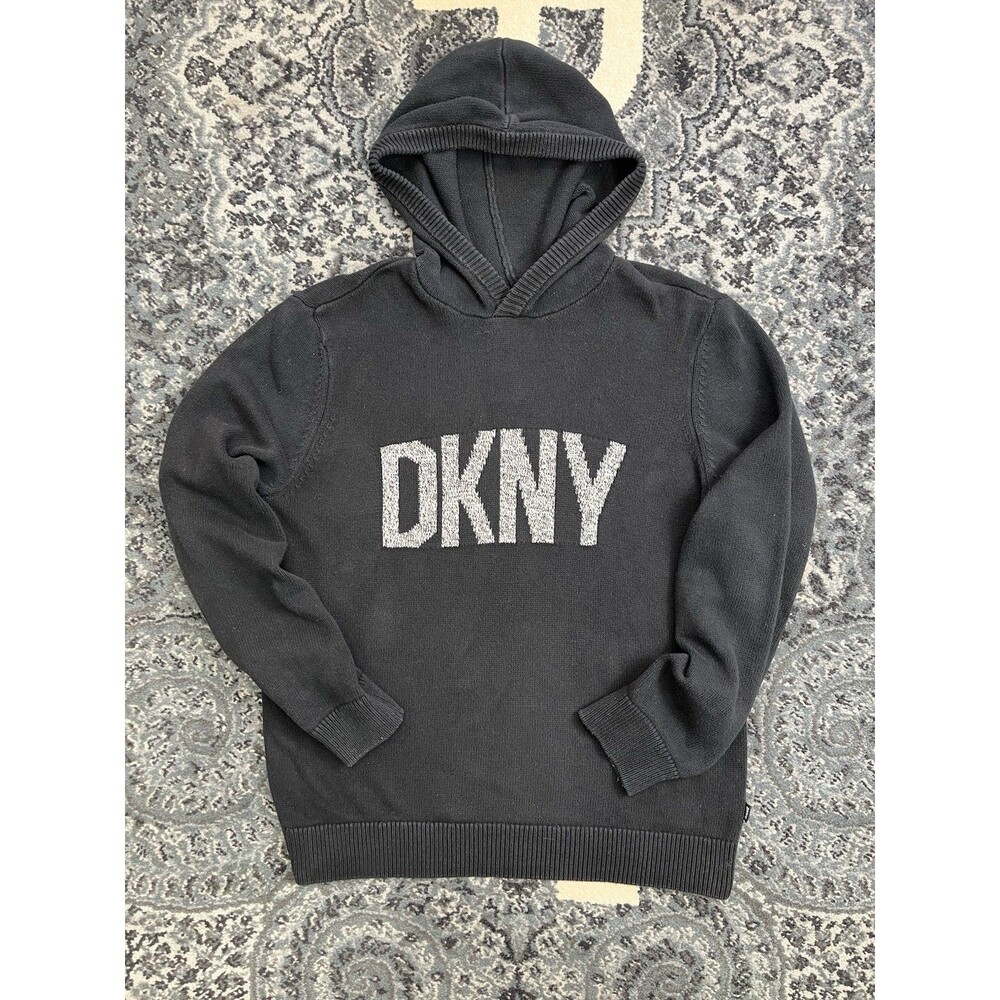 DKNY Men’s Black Hoodie Knit - Size LARGE- Cotton Pullover - Pre-owned